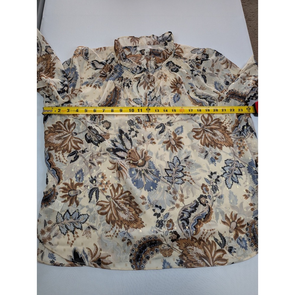 Loft XL Floral Metallic Ruffle Neck Blouse Blue Tan Gold Smocked Cuff Romantic - Picture 4 of 7